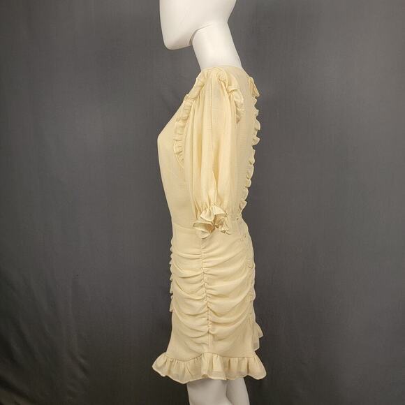 HYFVE Dress Cream Ruched Mini Dress Small Puff Sleeve Ruffle Hem Flirty Romantic - Picture 3 of 6